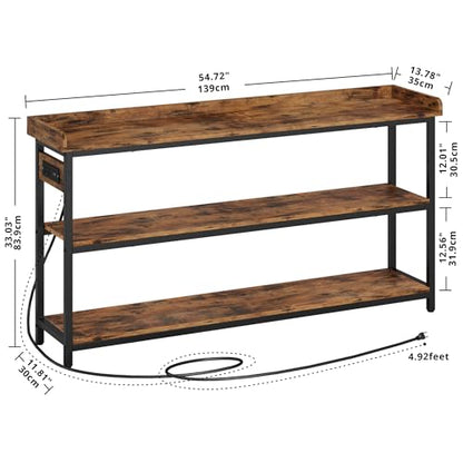 Console Table, Sofa Table with Power Outlet, Farmhouse Hallway Table for Entryway, Living Room, Height Adjustable, Easy Assembly, Rustic Brown,55"