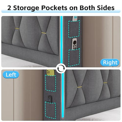 King Size Bed Frame with Storage Headboard and LED Lights, view 6
