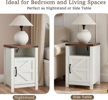 White Farmhouse End Table with Charge Set of 2, Rustic Nightstand with Barn Door and Shelf, Bedside Table with Charging Station for Living Room, Bedroom