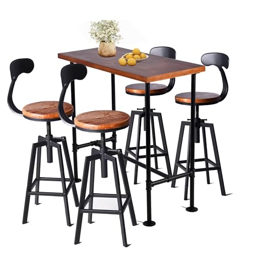 5 Piece Bar Table and Barstool Set Industrial Rectangular Pipe Dining Pub Bar Desk and Kitchen Counter Height Adjustable Stool with Iron Backrest Black(1 Table + 4 Chairs)