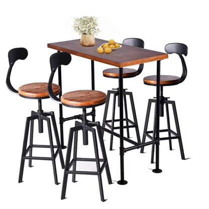 5 Piece Bar Table and Barstool Set Industrial Rectangular Pipe Dining Pub Bar Desk and Kitchen Counter Height Adjustable Stool with Iron Backrest Black(1 Table + 4 Chairs)