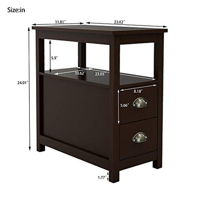 Narrow End Table with 2 Drawers and 1 Open Shelf Space Bedside Table, Retro Side Table for Living Room Bedroom Home Furniture Side Table (Brown)