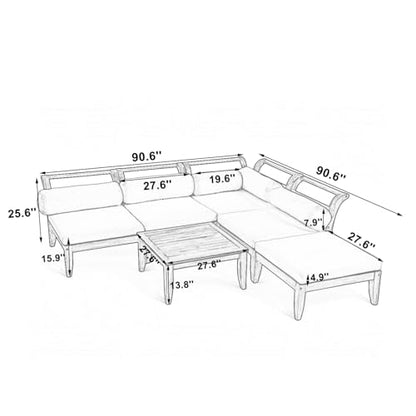 6 Pieces Patio Furniture Set, Outdoor L-Shaped Sectional Sofa Set with Coffee Table, Acacia Wood Conversation Seating & Cushions and Lumbar Pillows, for Garden, Poolside and Backyard, Teak+Beige