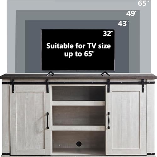 Modern Farmhouse Wood TV Stand for TVs up to 65 Inch, Home Living Room Storage Table TV Stands Cabinet Doors and Shelves Entertainment Center, Stone Grey