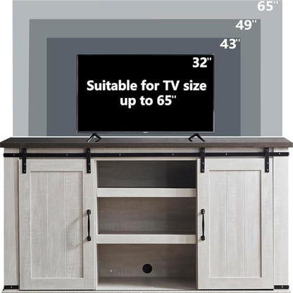Modern Farmhouse Wood TV Stand for TVs up to 65 Inch, Home Living Room Storage Table TV Stands Cabinet Doors and Shelves Entertainment Center, Stone Grey