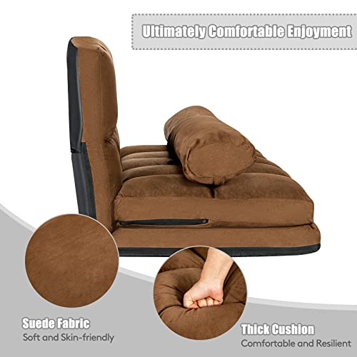 Foldable Floor Sofa, 6-Position Adjustable Lounge Couch with 2 Pillows & Suede Cloth Cover, Modern Lounge Mattress Video Gaming Lazy Couch, Suede Floor Seating Sofa, 71" x 44.5", Beige