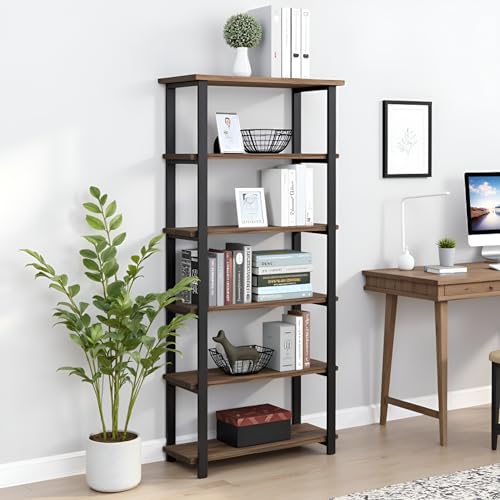 Pomona Living Room 6-Tier Solid Wood Bookcase with Metal Frame – Rustic Industrial Modern Wood and Metal Bookshelf for Home Office, Living Room, or Bedroom Storage