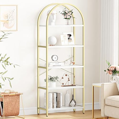 Bookshelf 5 Tier Bookcase Arched Display Racks Tall Standing Bookshelves Metal Frame Modern Storage Rack Shelf Large Wood Book Shelf for Bedroom, Living Room, Home Office, White/Gold