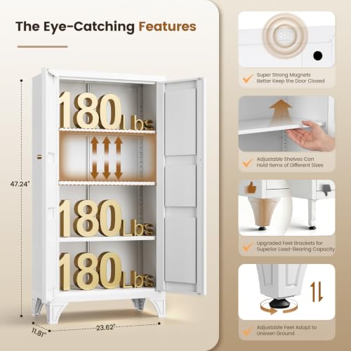 Metal Storage Cabinet with Doors and 3 Adjustable Shelves - 47" White Kitchen Pantry Storage Cabinet Locker for Kitchen,Living Room,Dining Room