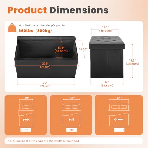 30 Inches Folding Ottoman with Storage Bench, Foot Rest Stool, End of Bed Storage Bench Upholstered, Load 660 lbs, for Living Room, Lychee Grain Leather, Black