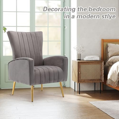 Velvet Accent Chairs Set of 1, Modern Fabric Upholstered Living Room Chairs Armchairs with Wing Back and Metal Legs, Grey