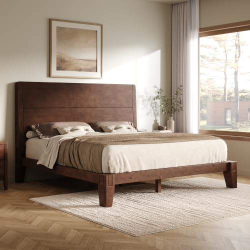 Solid Wood Queen Bed Frame with Headboard, Japanese Joinery,Walnut, view 4