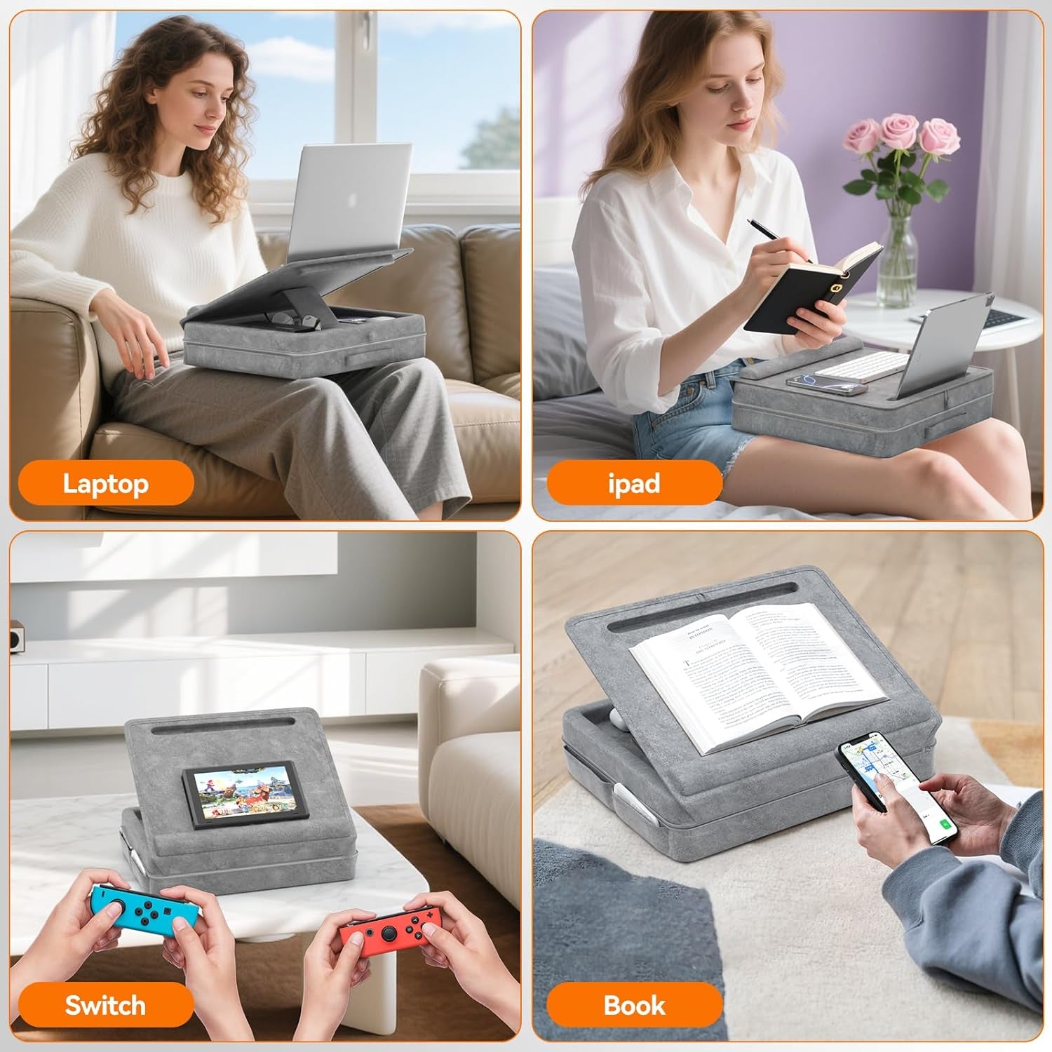 Laptop Lap Desk with Cushion, Laptop Table with Storage for Bed & Sofa, Adjustable Lap Pillow Stand with Anti-Slip Strip & Cell Phone/Tablet Slot for Home Office College