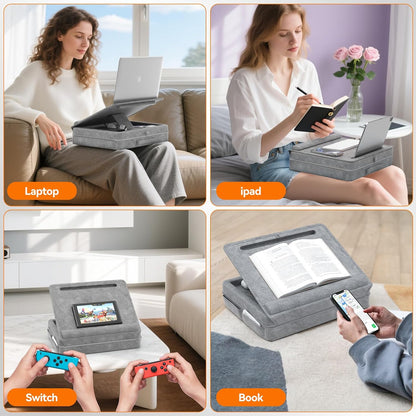 Laptop Lap Desk with Cushion, Laptop Table with Storage for Bed & Sofa, Adjustable Lap Pillow Stand with Anti-Slip Strip & Cell Phone/Tablet Slot for Home Office College