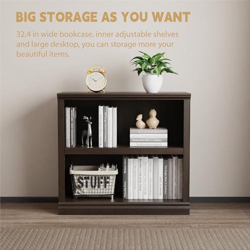 2-Shelf Bookcase Wooden Bookshelves 33in Wide Floor Standing Display Storage Shelves Oak Bookcase for Home Office, Living Room, Bed Room