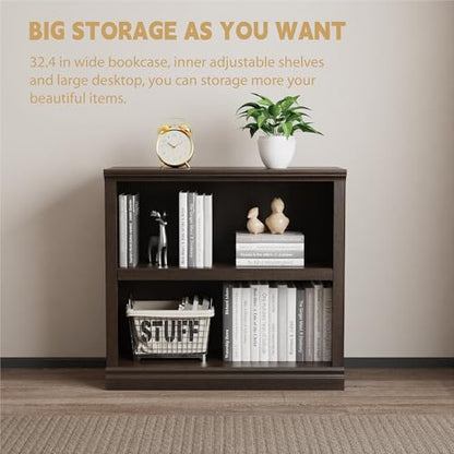 2-Shelf Bookcase Wooden Bookshelves 33in Wide Floor Standing Display Storage Shelves Oak Bookcase for Home Office, Living Room, Bed Room