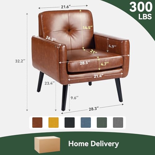 Mid Century Accent Chair, PU Leather Modern Chair with Wooden Frame, Cozy Armchair Reading Chair with Comfy Back for Apartment, Living Room, Bedroom, Small Space, Corner, Brown