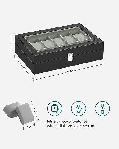 Watch Box, 12-Slot Watch Case Organizer with Large Glass Lid, Removable Pillows, view 4