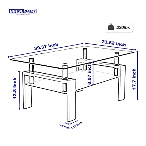 Morden Design Rectangle Glass Coffee Table for Living Room, with Black Metal Legs, Clear Tempered Glass
