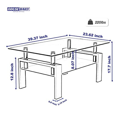Morden Design Rectangle Glass Coffee Table for Living Room, with Black Metal Legs, Clear Tempered Glass