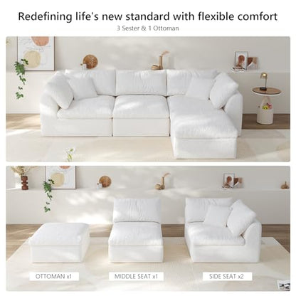 108" Boneless Cloud Couch Modular Sectional Sofa with Deep Seat for Living Room, L Shape Couch with Ottoman, Snowflake Fabric and 40D Memory Sponge，2 Throw Pillows (White, 3 Seater+1 Ottoman)