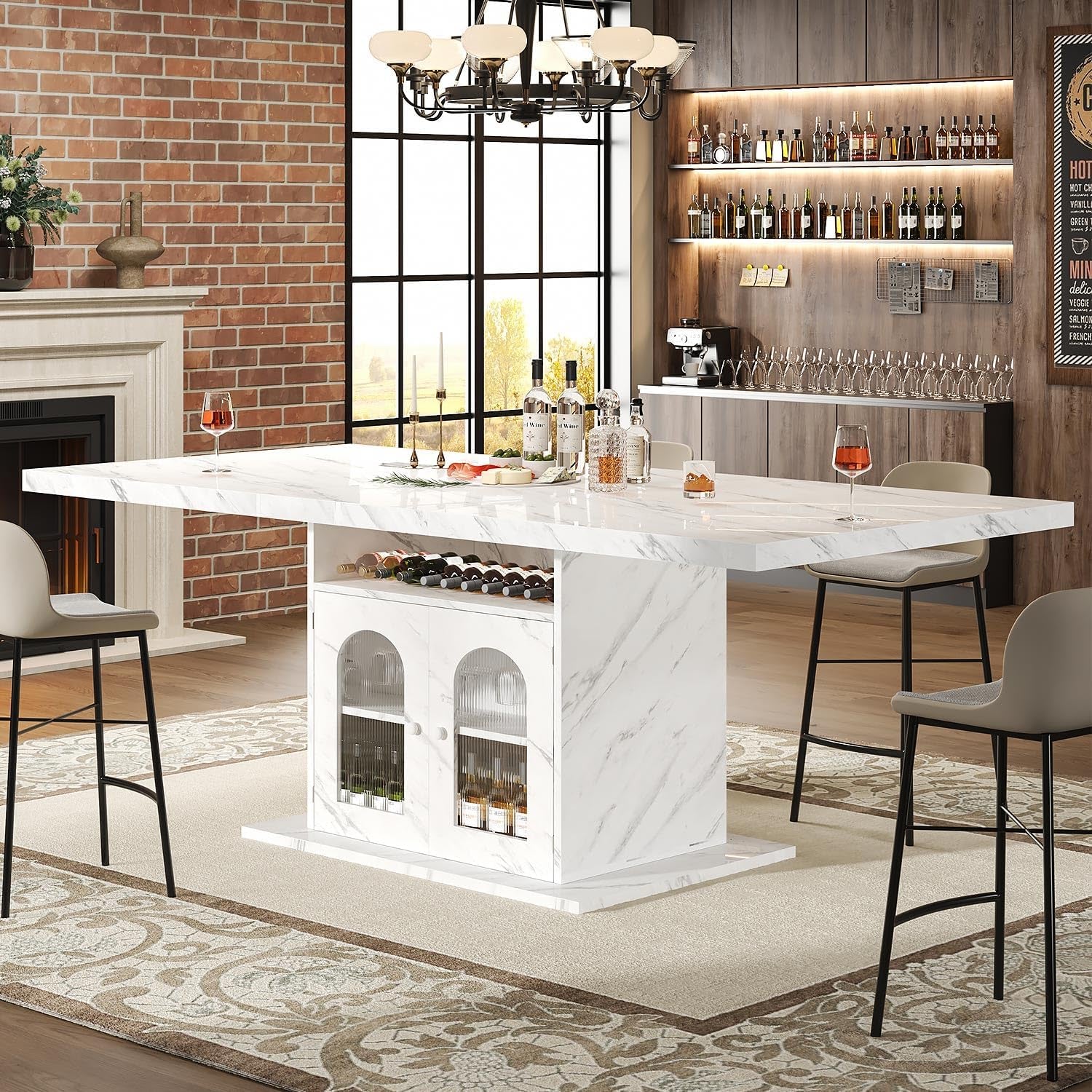 Dining Table for 4–6, 63" Modern Kitchen Dining Room Table with Storage Shelves & Acrylic Door Cabinet,Wood Rectangle Dinner Table with Faux Marble Top for Home Apartment, White Faux Marble