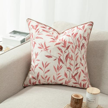 Home Decorative Throw Pillow Covers, 20 x 20 Inch Farmhouse Pink Leaves Pattern Throw Pillowcases with Piping Edge, Square Cushion Covers for Living Room, 1 Piece