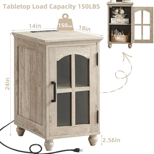 Farmhouse End Table Set of 2 with Charging Station, 18'' Narrow Side Table and 24" Large Sofa Table with Glass Barn Door Storage, Wood Night Stand Bedside Cabinet for Living Room,Bedroom