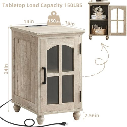 Farmhouse End Table Set of 2 with Charging Station, 18'' Narrow Side Table and 24" Large Sofa Table with Glass Barn Door Storage, Wood Night Stand Bedside Cabinet for Living Room,Bedroom