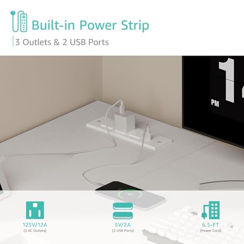 White L Shaped Computer Desk with Power Outlet Shelves, 47 Inch Corner Desk for Home Office Bedroom, L-Shaped Study Writing Working PC Desks, White