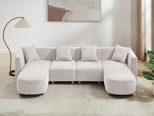113" U-Shaped Sectional Sofa with 4-Seater, 4 Pillows, Light Khaki, view 6