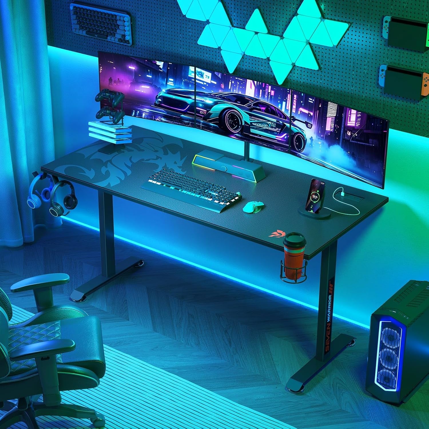 Gaming Desk 60 INCH, T- Shaped Carbon Fiber Surface Computer Desk with Full Mouse Pad, Ergonomic E-Sport Style Gamer Desk with Double Headphone Hook, USB Gaming Rack, Cup Holder