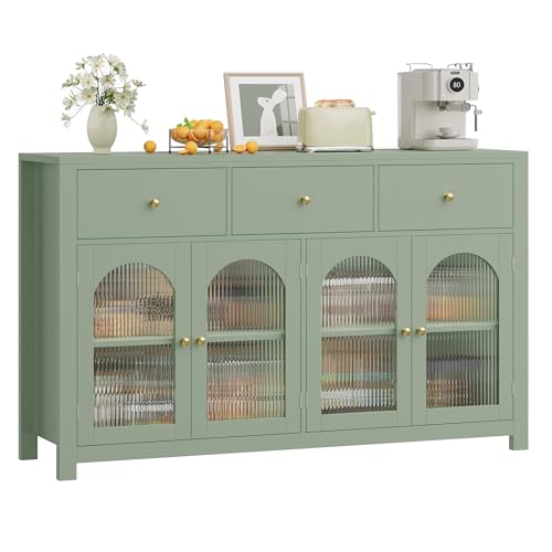 Buffet Cabinet with Storage, 55.1" Large Sideboard Buffet, Farmhouse Kitchen Cabinet with 3 Drawers and 4 Doors, Wood Coffee Bar Table for Kitchen, Green