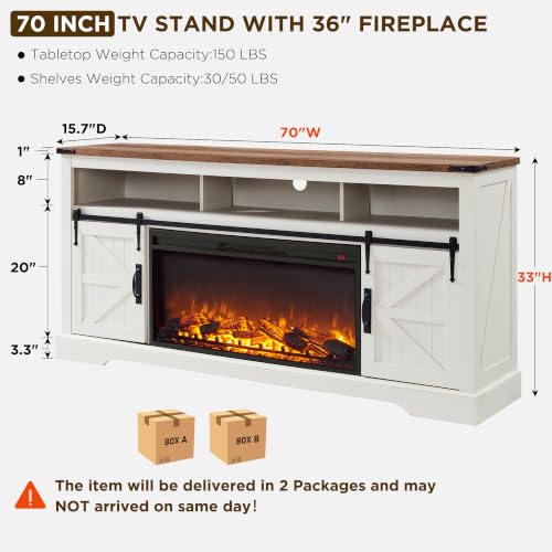 70" Farmhouse TV Stand with 36" Electirc Fireplace, Antique White, view 3