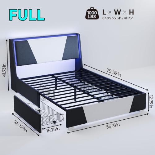 Full Size Bed Frame Upholstered Headboard Lights Storage Drawers, view 3