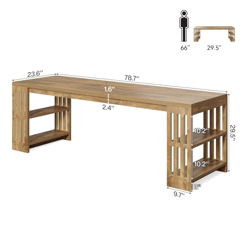 78.7" Long Desk, 2 Person Desk with Shelves, Large Wooden Computer Desk, Heavy Duty Shelf Legs Design for Two Person Home Office, Business, Workstation, Natural (78.7" W x 23.6" D)