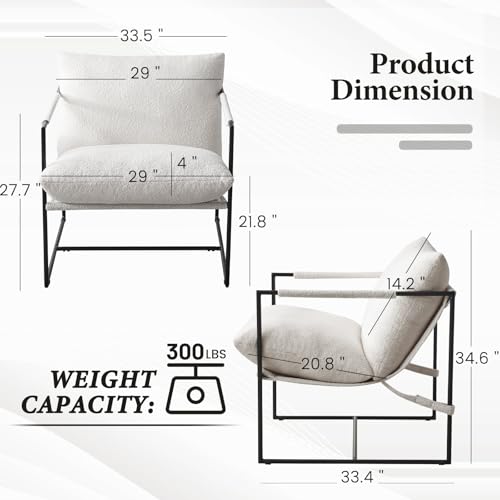 Furnilivng Large Sling Accent Chairs Set of 2, Comfortable Boucle Fabric Arm Chair, Upholstered Cozy Reading Chair for Living Room, Bedroom, Dressing Room, Home Office, White