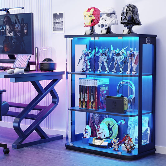 Rounded Display Cabinet with Glass Door, 3-Tier Curio Cabinet with 3 Color Lights for Collectibles, Glass Display Case with Transparent Full-Display Surface, Human Body Sensor, Black