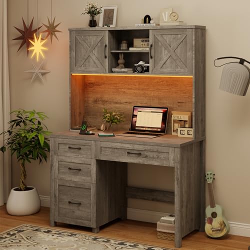Farmhouse 67" H Executive Desk with Hutch & Drawers, Grey, view 8