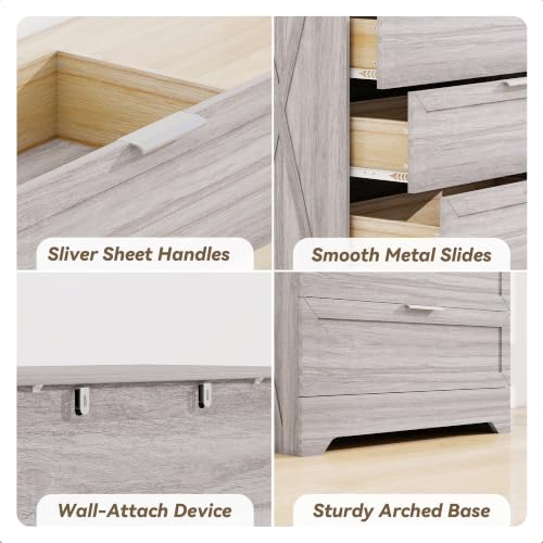Farmhouse Dresser for Bedroom, 37’’ Tall Wood Chest of Drawers, Wash Grey, view 7
