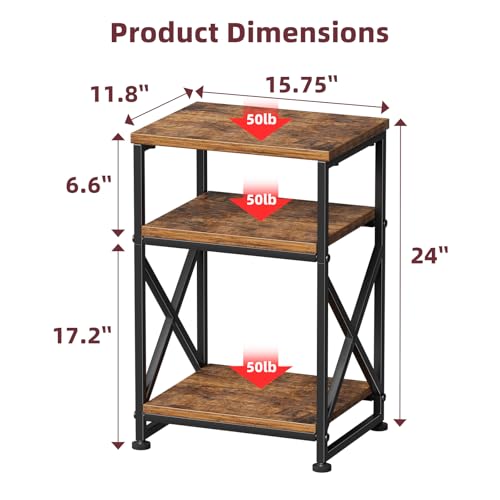 Side Table, End Table with 3 Tiers Open Shelves, Bedside Table for Sofa Couch, Nightstand, Living Room, Bedroom, Rustic Brown
