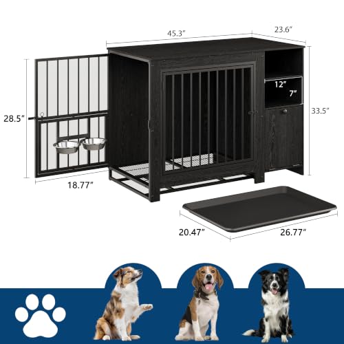 45.3" Dog Crate Furniture with Removable Tray and Rotating Bowls, view 3