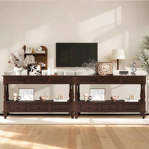 54'' Solid Wood Console Table, Farmhouse Entryway Table with 6 Drawers and Shelf, Narrow Long Sofa Table with Storage for Living Room Hallway, Couch, Foyer (Espresso)