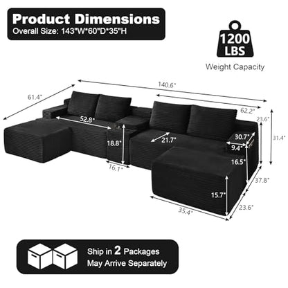 140.6" Oversized U Shaped Black Boneless Sectional Couches for Living Room, Large Cloud Modular Sofa Set with Storage Console, Cup Holder, Side Pockets, Deep Seat No Assembly Corduroy Couch