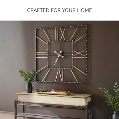 Signature Design by Ashley Thames Modern 40" Square Metal Roman Numeral Wall Clock, Black & Gold