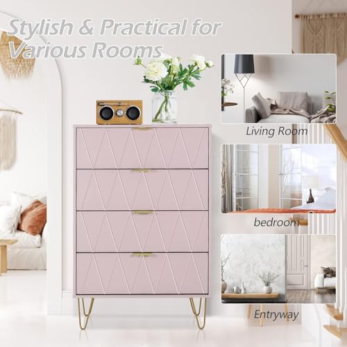 Pink 4 Drawer Dresser, Drawer Chest, Tall Storage Dresser Cabinet Organizer Unit with Metal Legs for Bedroom, Living Room, Closet