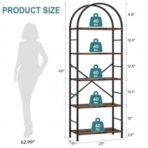 Bookshelf, Arched Bookshelf 5 Tier Bookcase, Tall Shelf for CDs/Books, Home Office Shelf Storage Organizer, Modern Book Shelf for Bedroom/Living Room, Rustic Brown