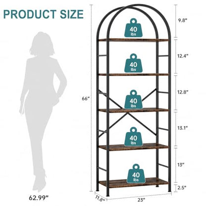 Bookshelf, Arched Bookshelf 5 Tier Bookcase, Tall Shelf for CDs/Books, Home Office Shelf Storage Organizer, Modern Book Shelf for Bedroom/Living Room, Rustic Brown