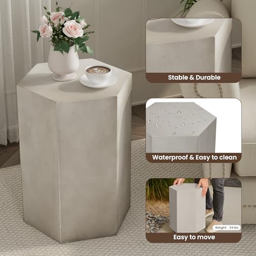 Concrete Accent Table, Hexagon Patio Side Table 14.5''Wx20''H, Modular Design Indoor Outdoor End Table, Light Grey