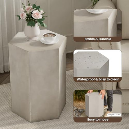 Concrete Accent Table, Hexagon Patio Side Table 14.5''Wx20''H, Modular Design Indoor Outdoor End Table, Light Grey